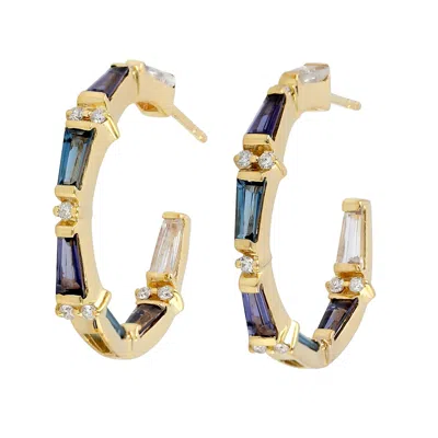 Artisan Women's Tapered Iolite Moonstone Blue Topaz Gemstone Prong Diamond Hoop Earrings In Gold