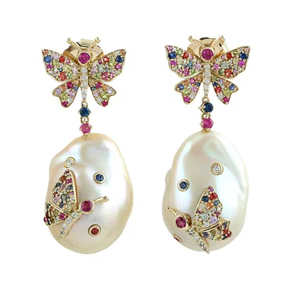 Artisan Women's Unshaped Pearl Chinese & Sapphire Pave Diamond Butterfly Dangle Earrings In Gold In Neutral