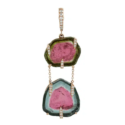 Artisan Women's Watermelon Tourmaline & Pave Diamond Designer Pendant In 14k Rose Gold – Unique Fine Jewelry