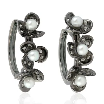 Artisan Women's White 18k Gold Hoop Earrings With Pearl & Diamond Flower Design