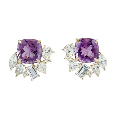 Artisan Women's White 18k Yellow Gold Amethyst, Sapphire & Diamond Cluster Stud Earrings