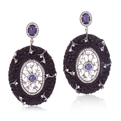 Artisan Women's White 18k Yellow Gold & Silver Carved Wood, Sapphire & Diamond Statement Earrings In Black