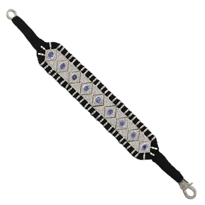 Artisan Women's White 925 Sterling Silver Diamond & Tanzanite Black Cord Statement Bracelet