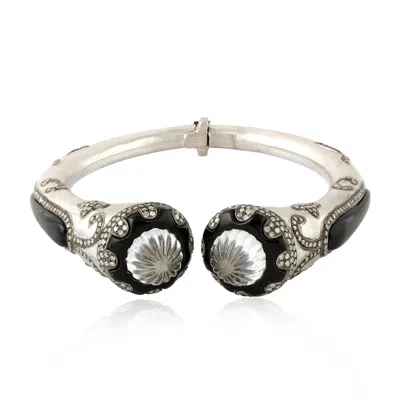 Artisan Women's White / Black 18k White Gold 925 Silver Crystal Quartz & Onyx With Diamond Cuff Bangle Handm In Metallic