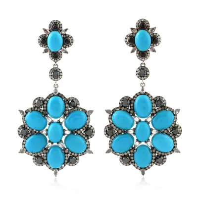 Artisan Women's White / Black 18k White Gold & Silver Turquoise, Sapphire, Spinel & Diamond Floral Drop Earr In Blue