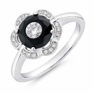 Artisan Women's White / Black 18k White Gold Black & White Diamond Floral Halo Ring In Metallic