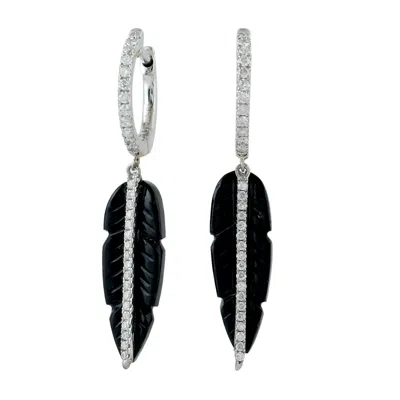 Artisan Women's White / Black 18k White Gold Black Carved Onyx & Diamond Feather Drop Earrings In White/black