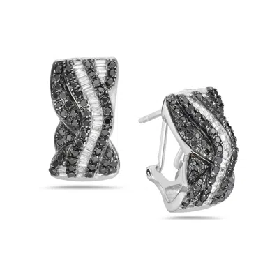 Artisan Women's White / Black 18k White Gold Hoop Earrings With White & Black Baguette Diamonds In Multi