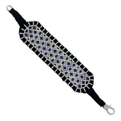 Artisan Women's White / Black / Blue Blue Sapphire & Diamond Statement Bracelet In 925 Silver With Black Cor In White/black/blue