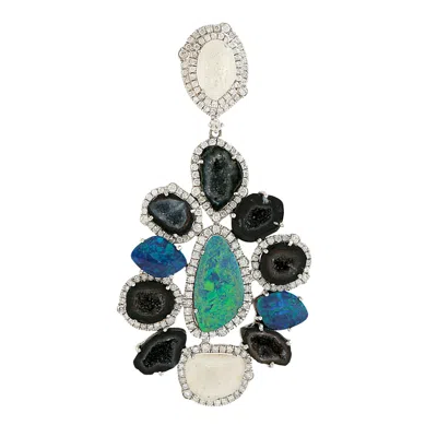 Artisan Women's White / Black / Blue Geode & Opal Doublet Gemstone Pave Diamond Pendant In White Gold In Multi