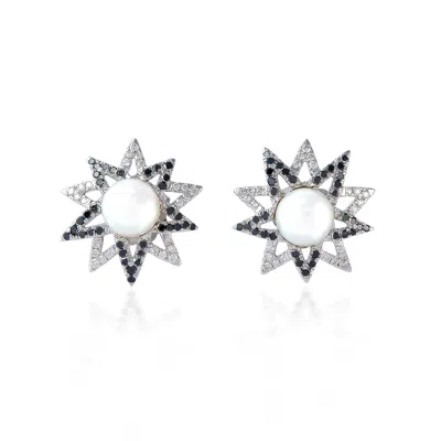 Artisan Women's White / Black Designer Black & White Diamond And Pearl Star Studs In White Gold In Metallic