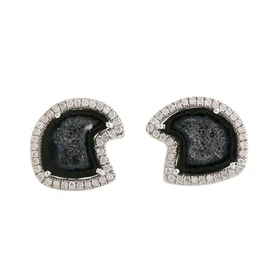 Artisan Women's White / Black Geode Gemstone Pave Diamond Stud Earrings In White Gold