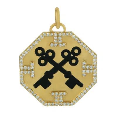 Artisan Women's White / Black / Gold Natural Diamond Black Enamel Key Pendant By  In Gold
