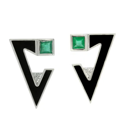 Artisan Women's White / Black / Green 18k White Gold Square Emerald & Diamond Enamel Earrings