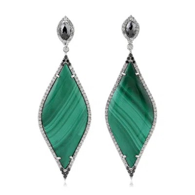 Artisan Women's White / Black / Green Natural Malachite & Diamond Marquise Dangle Earrings In White Gold