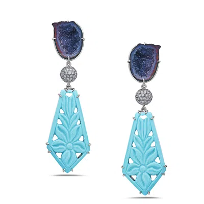Artisan Women's White / Black / Grey Carved Turquoise Drop Earrings With Geode & Diamond Pave In White Gold In Multi