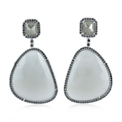 Artisan Women's White / Black Moonstone & Black Diamond Dangle Earrings In 18k White Gold In Multi