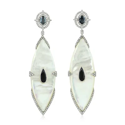Artisan Women's White / Black Mother Of Pearl & Spinel Pave Diamond Marquise Earrings In White Gold