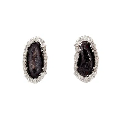 Artisan Women's White / Black Uneven Geode & Diamond Halo Stud Earrings In 18k White Gold In White/black