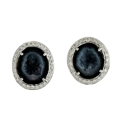 Artisan Women's White / Black Uneven Geode Pave Diamond Stud Earrings In White Gold In Multi