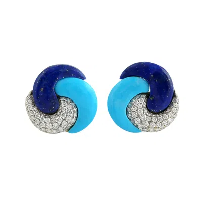 Artisan Women's White / Blue 14k White Gold Diamond, Turquoise & Lapis Lazuli Swirl Stud Earrings