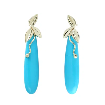 Artisan Women's White / Blue 14k Yellow Gold Sleeping Beauty Turquoise Drop Leaf Earrings In Multi