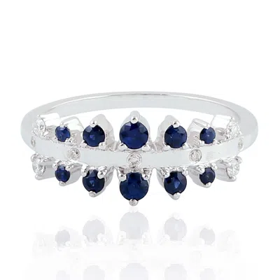 Artisan Women's White / Blue 18k White Gold Band Ring With Blue Sapphires & Diamonds In Multi