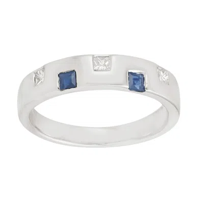 Artisan Women's White / Blue 18k White Gold Blue Sapphire Gemstone & Diamond Band Ring In Multi