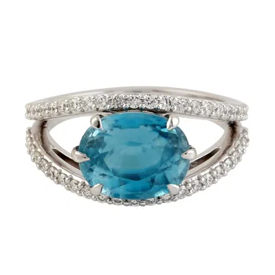Artisan Women's White / Blue 18k White Gold Cocktail Ring With Natural Blue Zircon & Diamonds In Silver