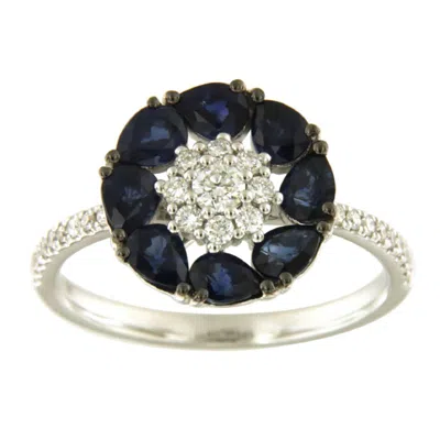 Artisan Women's White / Blue 18k White Gold Cocktail Ring With Pear Cut Blue Sapphire & Diamonds