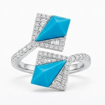 Artisan Women's White / Blue 18k White Gold Diamond & Turquoise Geometric Open Ring In Metallic