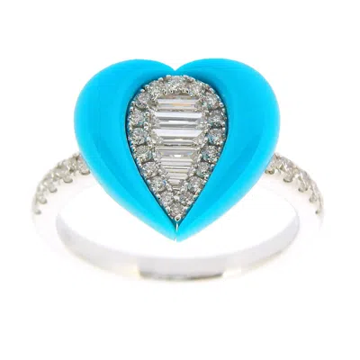 Artisan Women's White / Blue 18k White Gold Diamond & Turquoise Heart Ring