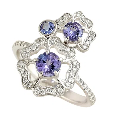 Artisan Women's White / Blue 18k White Gold Handcrafted Tanzanite Flower Diamond Ring In Multi