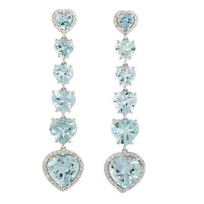 Artisan Women's White / Blue 18k White Gold Heart Earrings With Aquamarine & Diamonds
