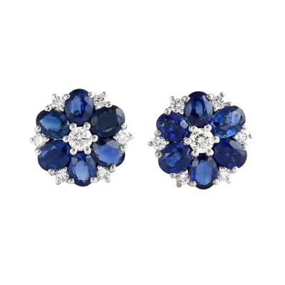 Artisan Women's White / Blue 18k White Gold Oval Sapphire & Diamond Flower Stud Earrings