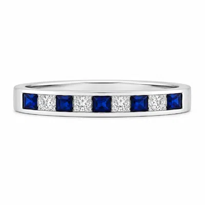 Artisan Women's White / Blue 18k White Gold Princess Cut Sapphire & Diamond Channel Band Ring In Metallic