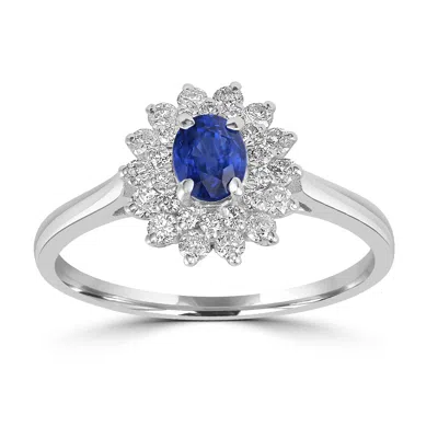 Artisan Women's White / Blue 18k White Gold Prong Blue Sapphire & Diamond Flower Design Ring