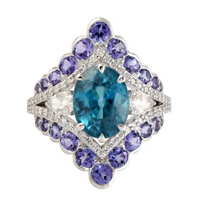 Artisan Women's White / Blue 18k White Gold Rose-cut Diamond, Natural Blue Zircon & Tanzanite Ring