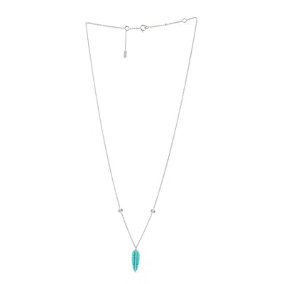 Artisan Women's White / Blue 18k White Gold Turquoise & Diamond Feather Pendant Necklace In White/blue