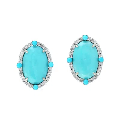 Artisan Women's White / Blue 18k White Gold Turquoise & Diamond Oval Stud Earrings In White/blue