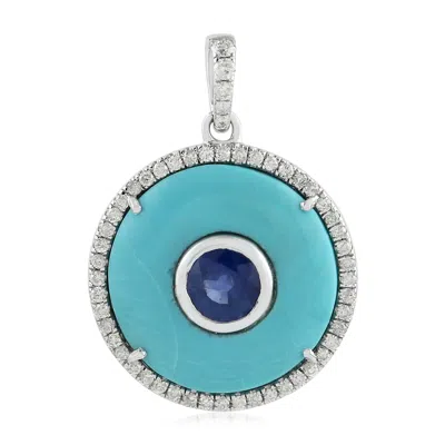 Artisan Women's White / Blue 18k White Gold Turquoise, Blue Sapphire & Diamond Halo Pendant