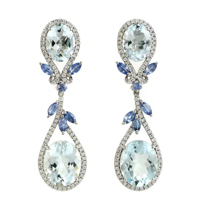 Artisan Women's White / Blue Aquamarine & Blue Sapphire Pave Diamond Dangle Earrings In White Gold