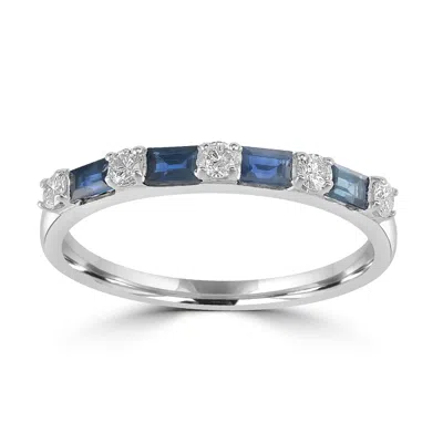 Artisan Women's White / Blue Baguette Cut Blue Sapphire Prong Diamond Band Ring In White Gold