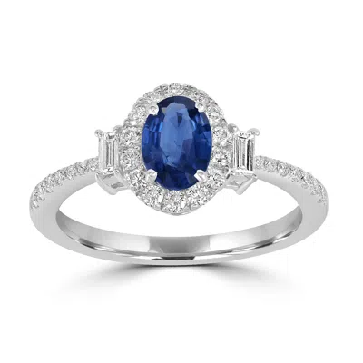 Artisan Women's White / Blue Baguette Cut Diamond & Oval Blue Sapphire Designer Ring In White Gold In Multi