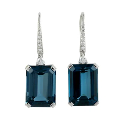 Artisan Women's White / Blue Baguette Cut London Topaz & Diamond Ear Hook Earrings In White Gold