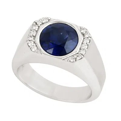 Artisan Women's White / Blue Bezel Set Blue Sapphire & Pave Diamond Band Ring In 18k White Gold In Multi