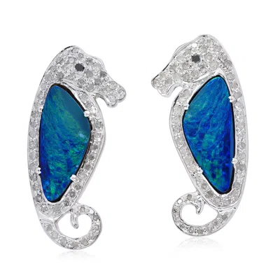Artisan Women's White / Blue Blue Opal & Diamond Seahorse Earrings In Silver And 18k White Gold In White/blue