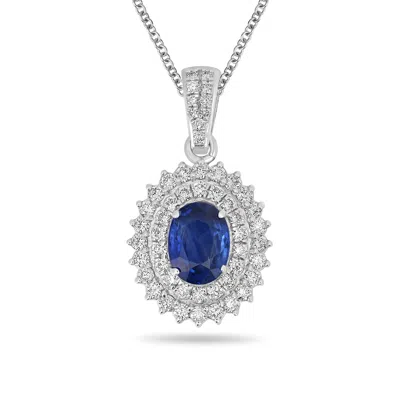 Artisan Women's White / Blue Blue Sapphire & Diamond Designer Oval Pendant In White Gold
