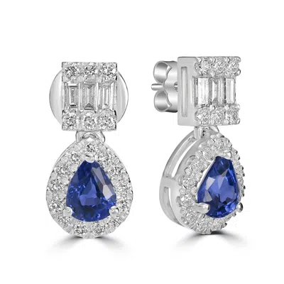 Artisan Women's White / Blue Blue Sapphire & Diamond Drop Dangle Earrings In White Gold