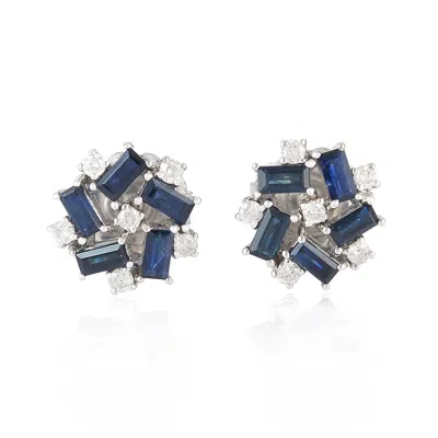 Artisan Women's White / Blue Blue Sapphire & Diamond Stud Earrings In White Gold – Baguette Cut Designer Jew In Multi